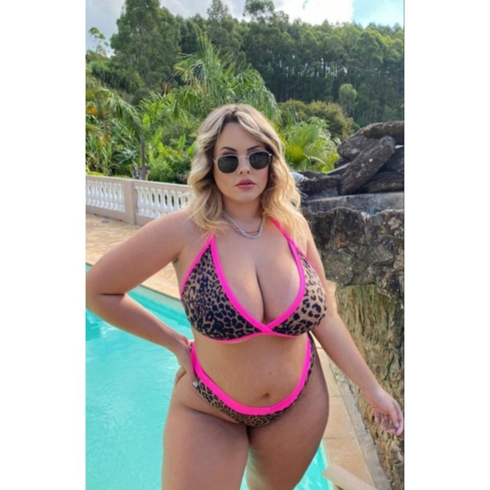 Biquíni Trespassado Fio Duplo Plus Size cor Onça com Rosa