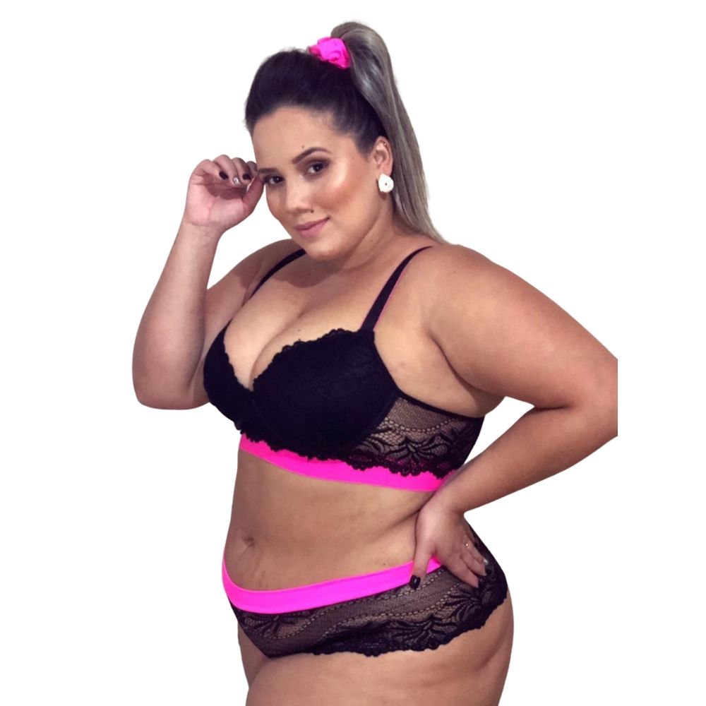 Conjunto Com Base Renda Calcinha Caleçon Plus Size cor Preto