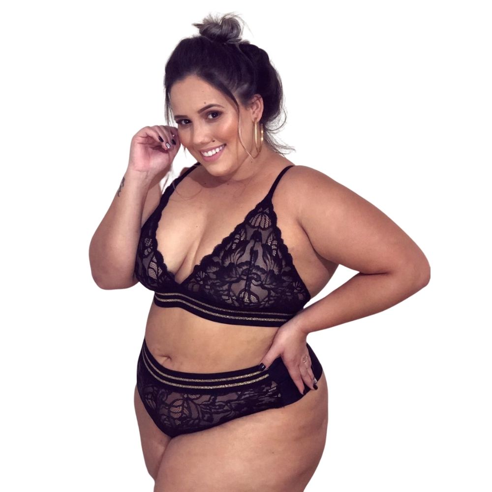 Conjunto Top Renda Sexy Calcinha Yasmim Plus Size cor Preto