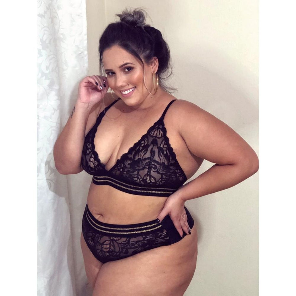 Conjunto Top Renda Sexy Calcinha Yasmim Plus Size cor Preto