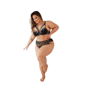 Conjunto Strappy Calcinha Yasmim Plus Size cor Preto Prata