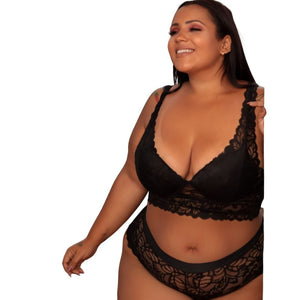 Conjunto Cropped Alça de Renda Caleçon Plus Size cor Preto