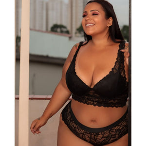 Conjunto Cropped Alça de Renda Caleçon Plus Size cor Preto