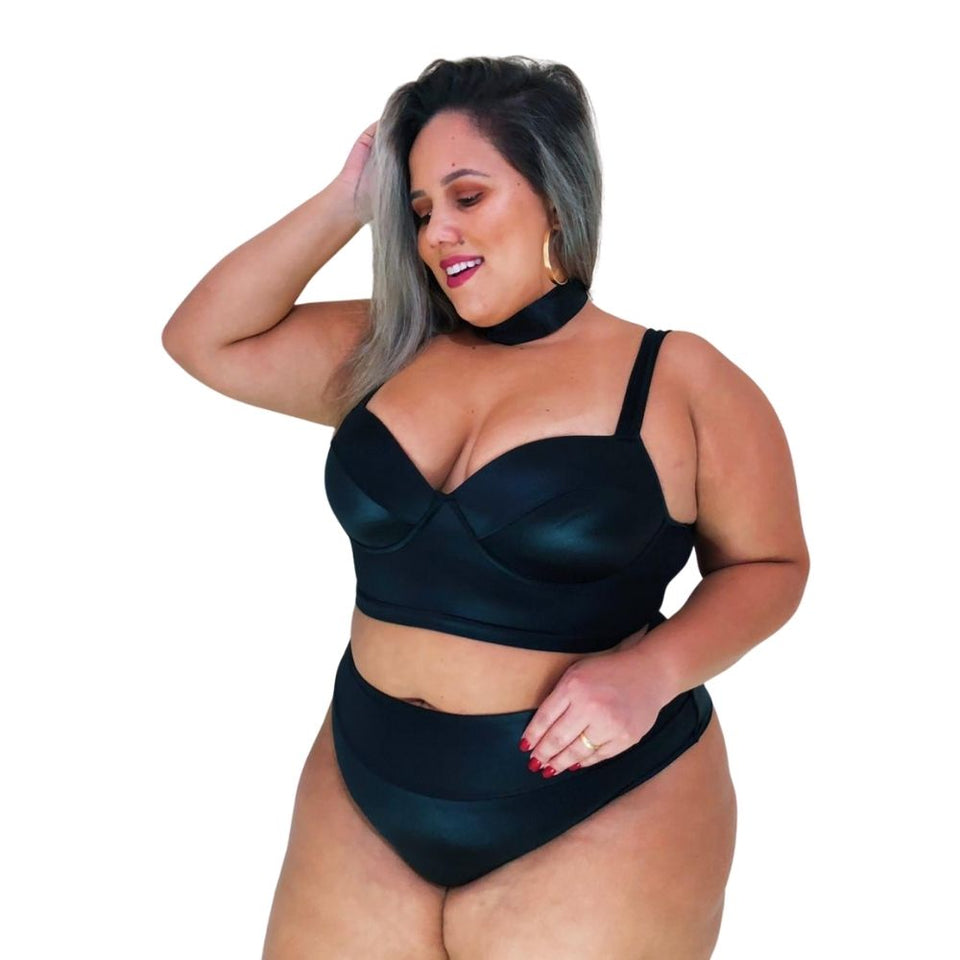 Conjunto Cropped De Cirrê Plus Size Premium cor Preto