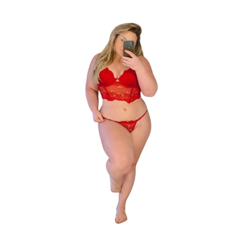 Conjunto Cinta Liga Sexy Premium Plus Size cor Vermelho