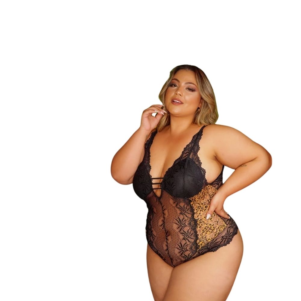 Body Renda Com Bojo Detalhe Tule Plus Size cor Preto e Onça