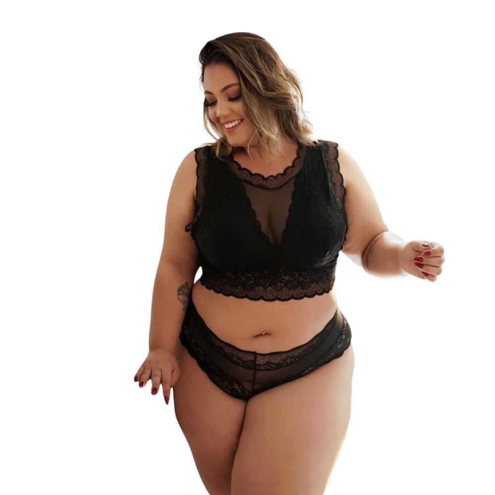 Conjunto Cropped Caleçon Renda e Tule Plus Size cor Preto