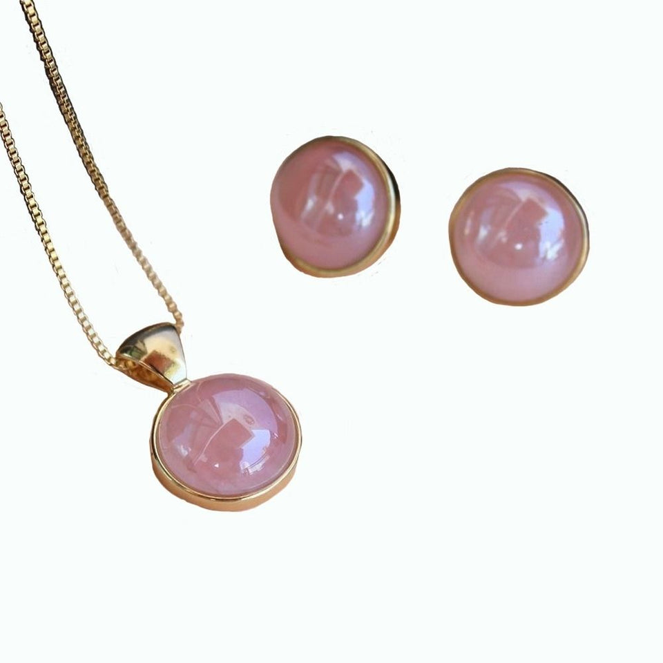 Conjunto Banhado a Ouro 18K com Quartzo Rosa cor Dourado