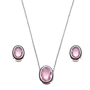 Conjunto Banhado Ródio Branco e Cristal Rosa Oval cor Prata