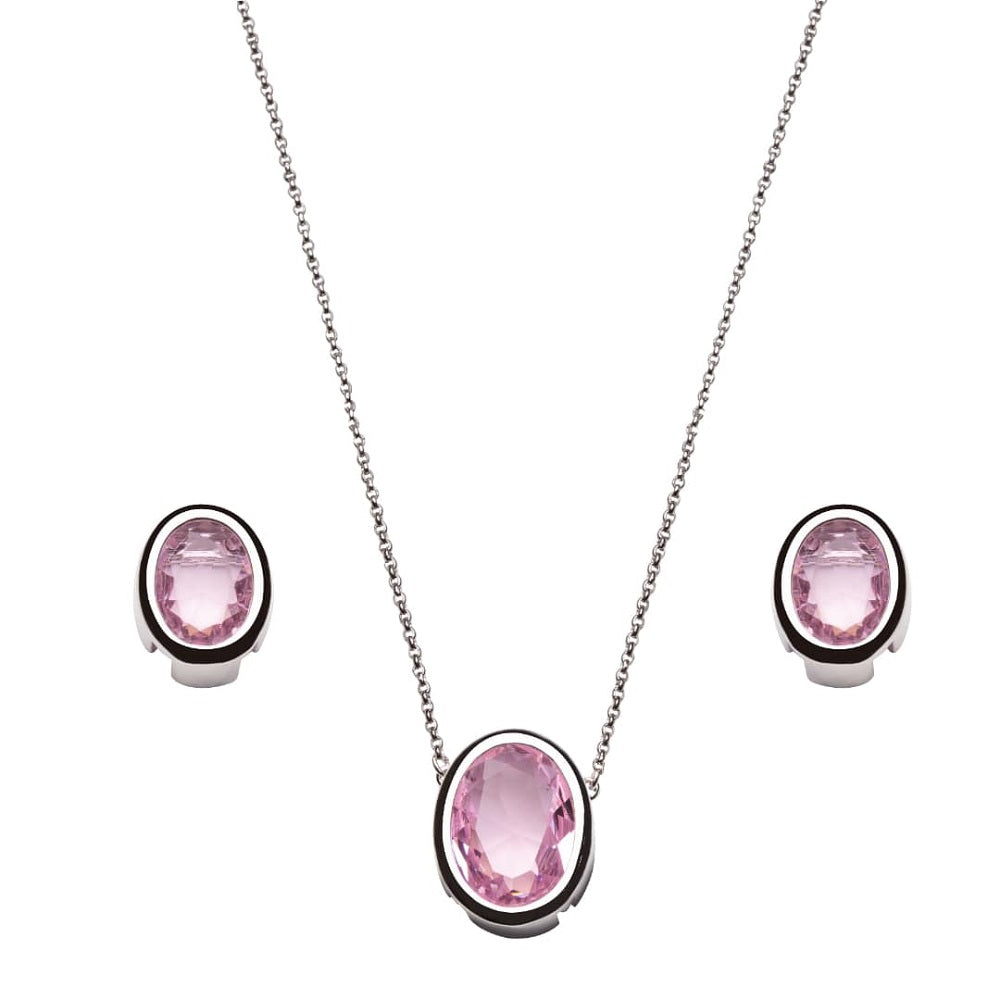 Conjunto Banhado Ródio Branco e Cristal Rosa Oval cor Prata