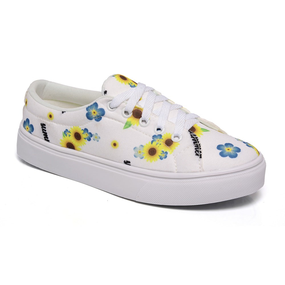 Tênis Feminino Moderno Floral Azul e Amarelo Fundo Branco