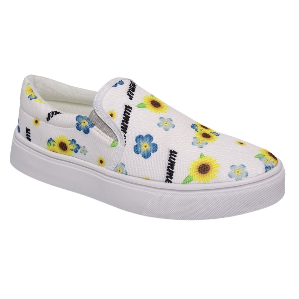 Tênis Feminino Slip On Floral Azul e Amarelo Fundo Branco