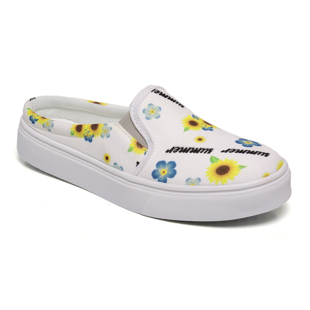 Tênis Mule Feminino Lindo Floral Azul e Amarelo Fundo Branco