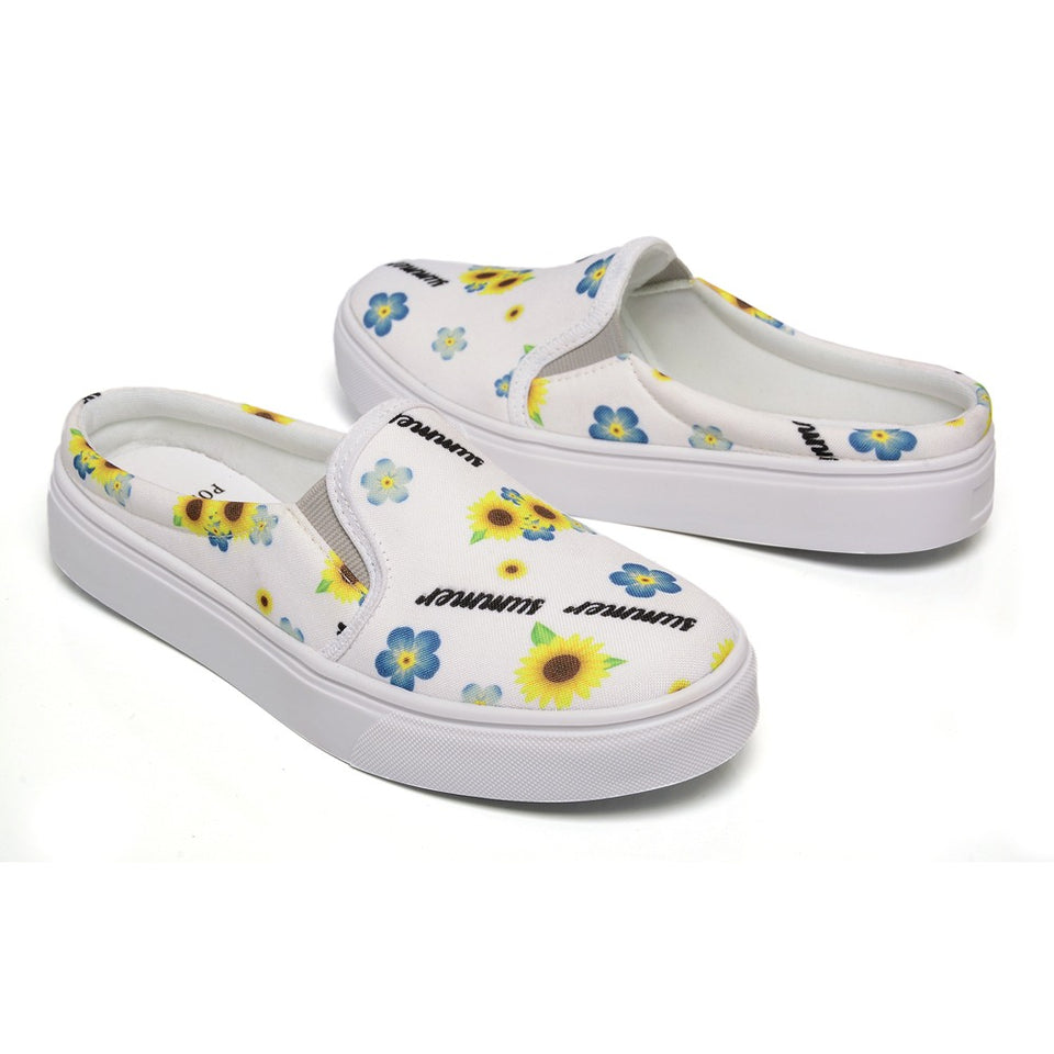 Tênis Mule Feminino Lindo Floral Azul e Amarelo Fundo Branco