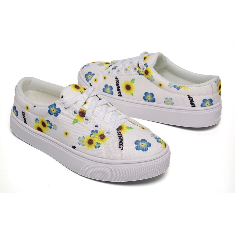 Tênis Feminino Moderno Floral Azul e Amarelo Fundo Branco