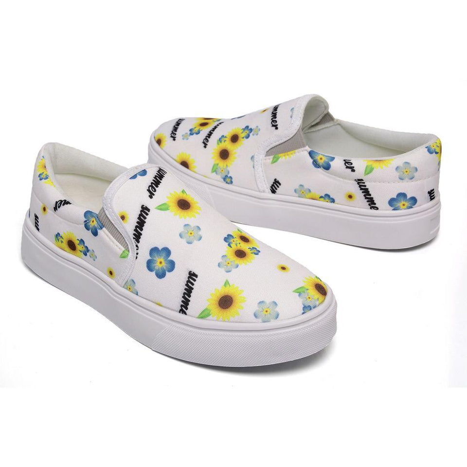 Tênis Feminino Slip On Floral Azul e Amarelo Fundo Branco