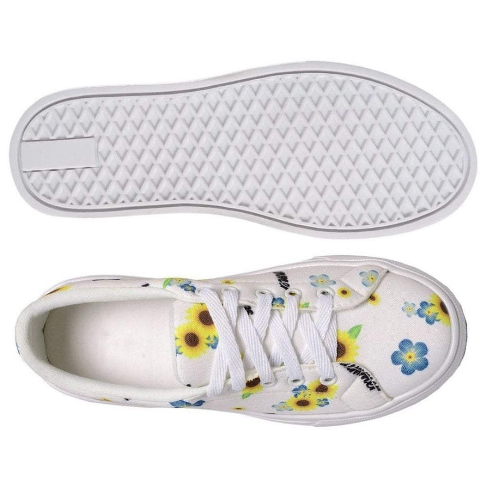 Tênis Feminino Moderno Floral Azul e Amarelo Fundo Branco