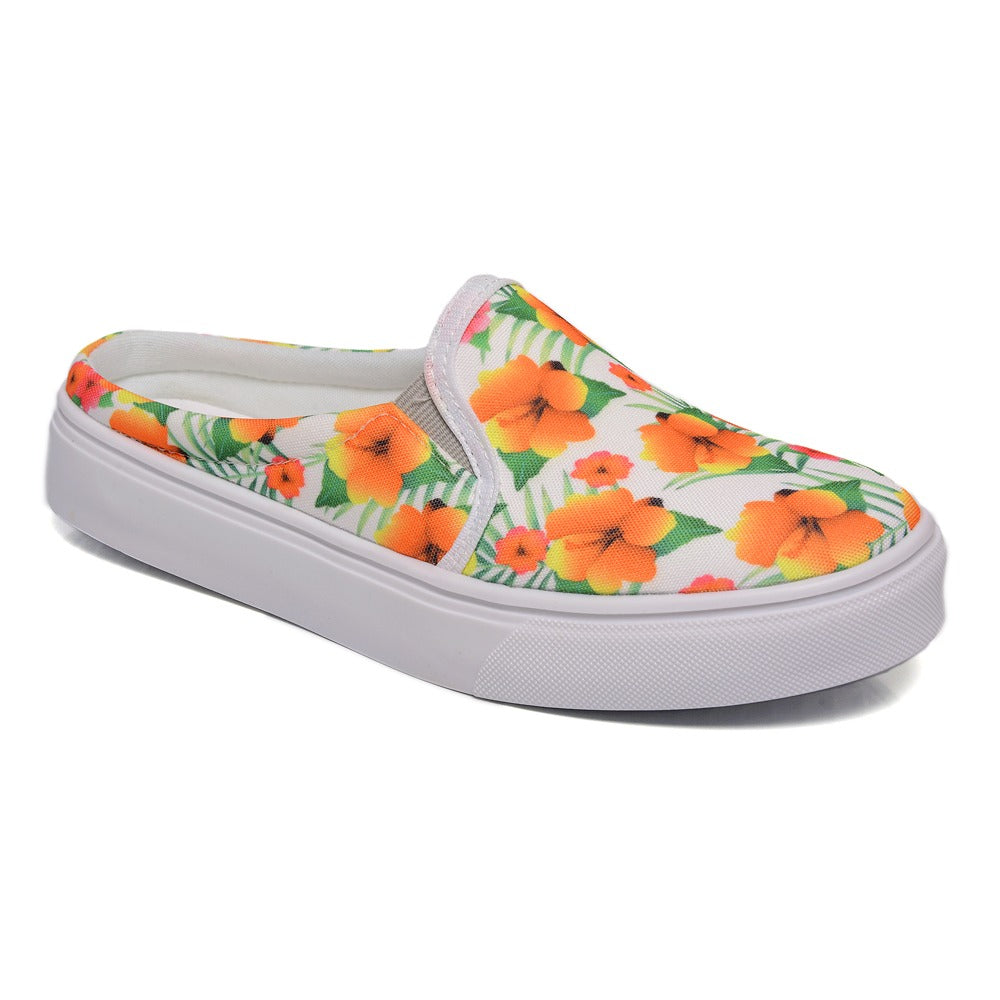 Tênis Mule Feminino Premium Floral Laranja Fundo Branco