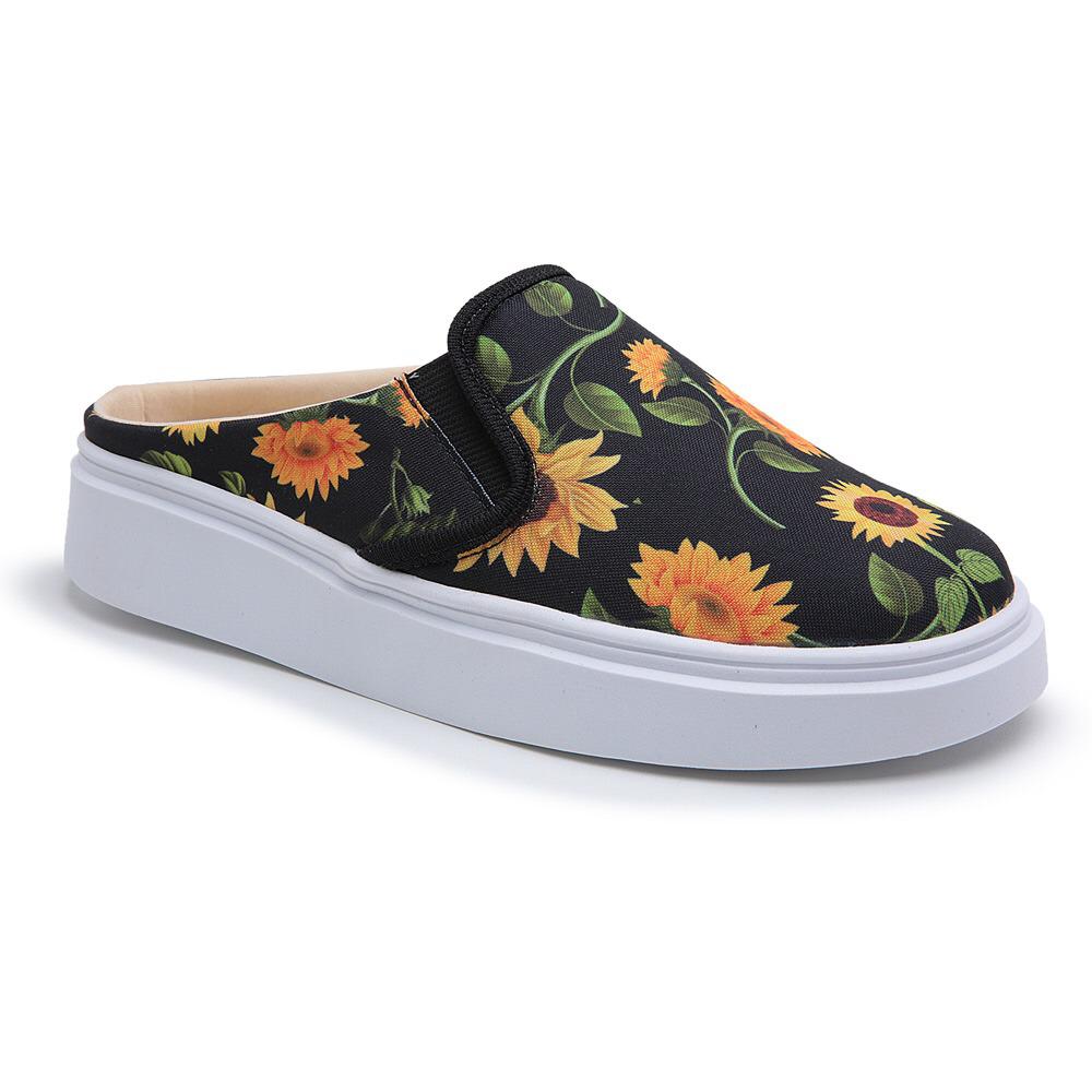 Tênis Mule Feminino Premium Floral Girassol Fundo Preto