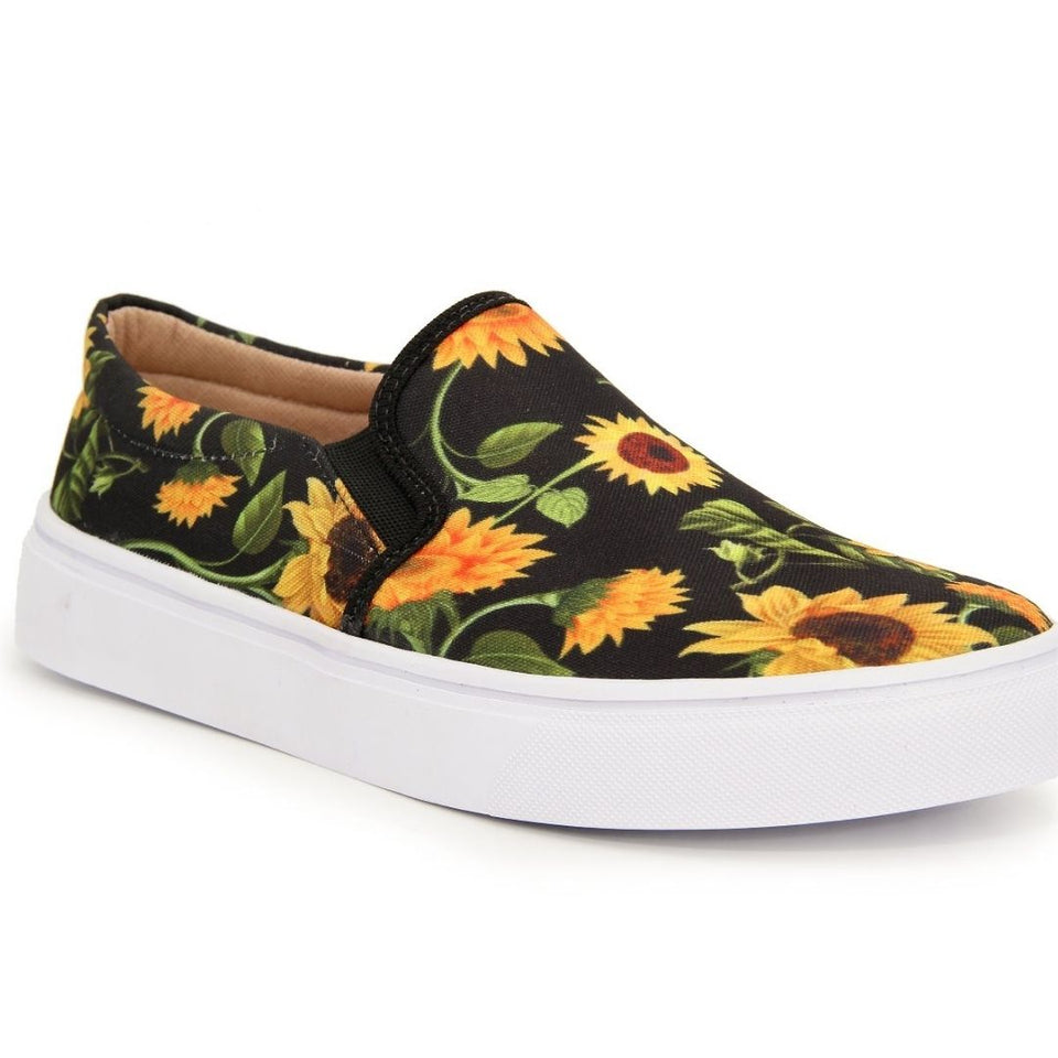 Tênis Feminino Slip On Moderno Floral Girassol Fundo Preto