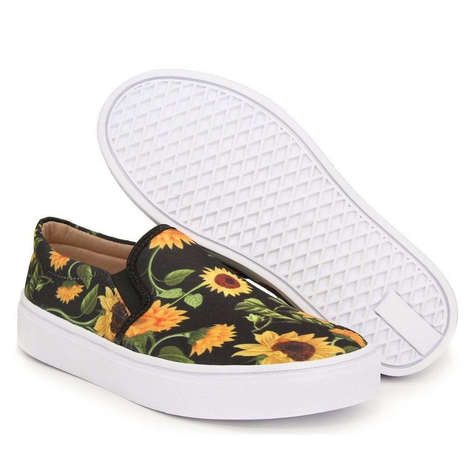 Tênis Feminino Slip On Moderno Floral Girassol Fundo Preto