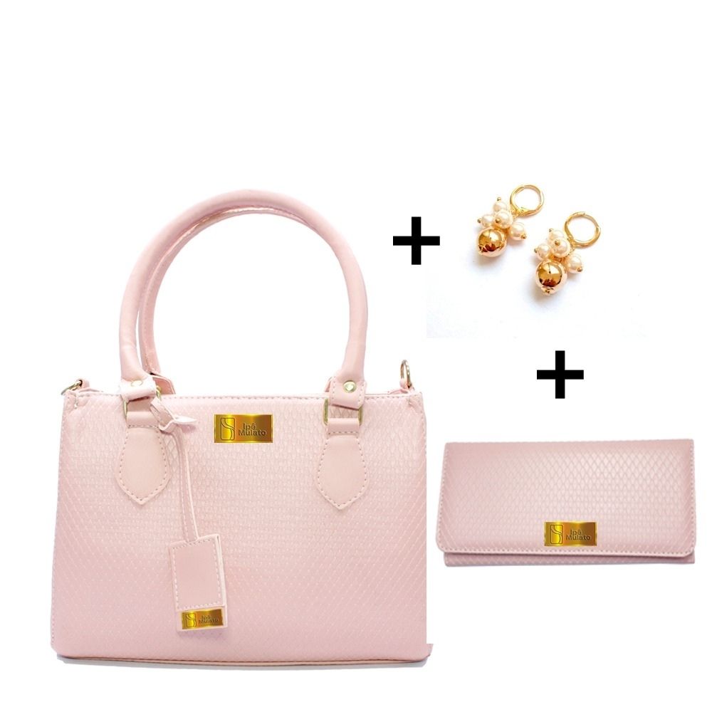 Kit Feminino 3 em 1 - Bolsa Rose + Carteira cor Rose + Brinco